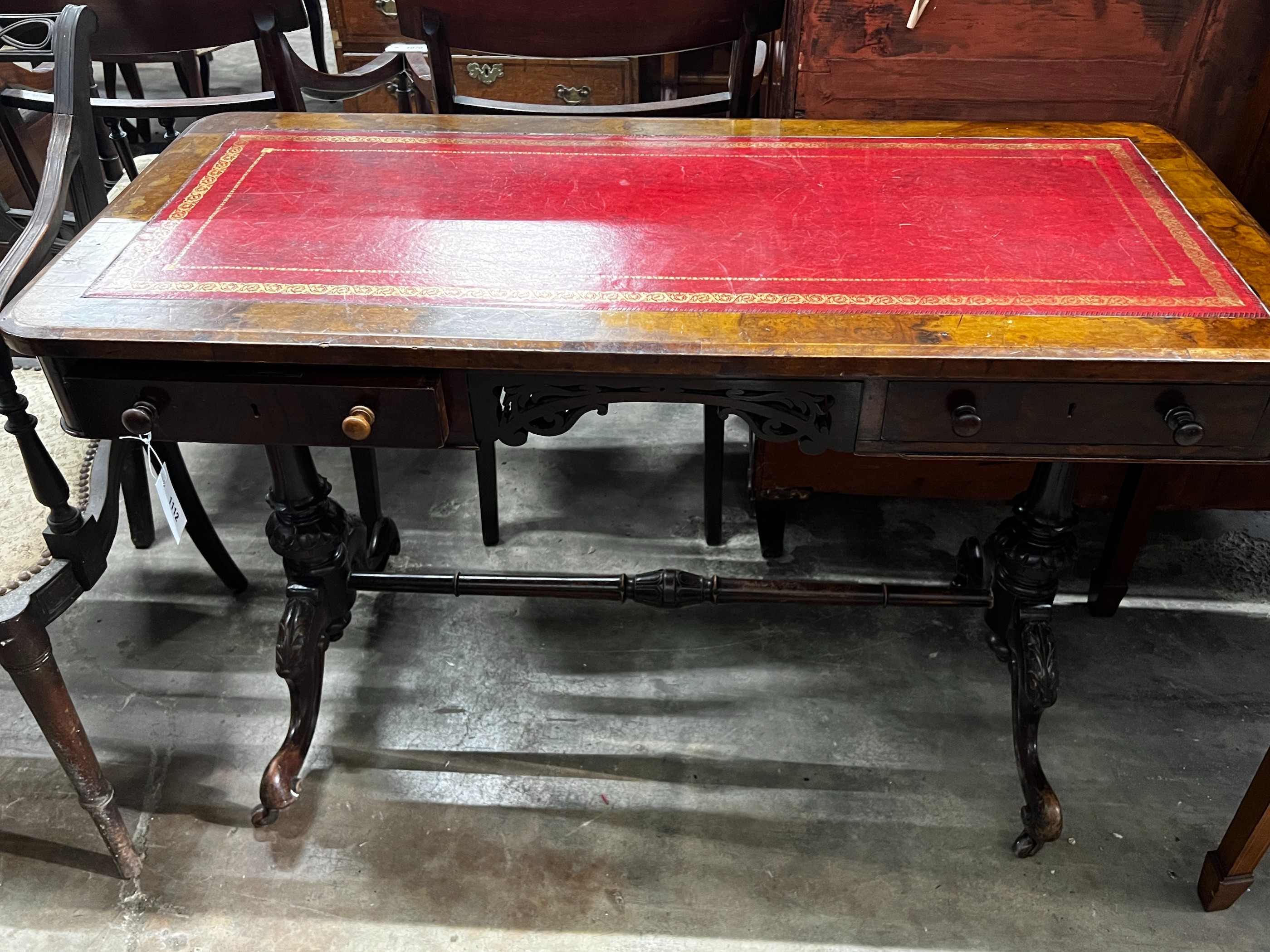 A Victorian walnut writing table, width 114cm, depth 52cm, height 73cm